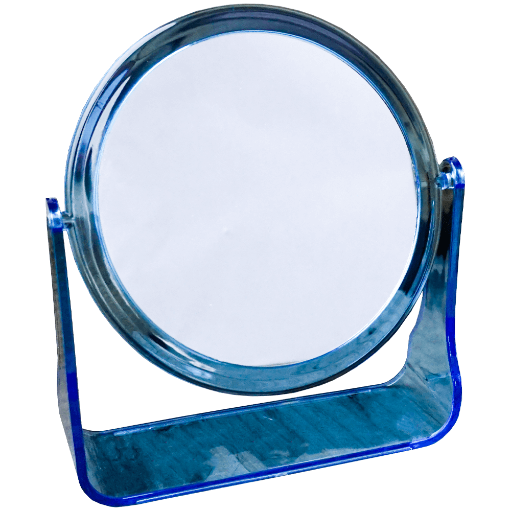 Oglinda cosmetica de make-up rotunda, cu 2 fete si suport din plastic, 18 x 16 CM